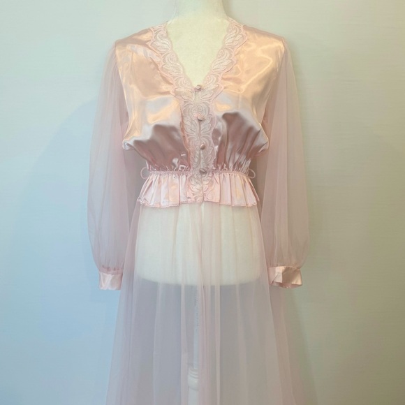 Vintage Val Mode Silky Satin Pink Sheer Maxi Gown Princess Lounging Robe Dress - Picture 9 of 11